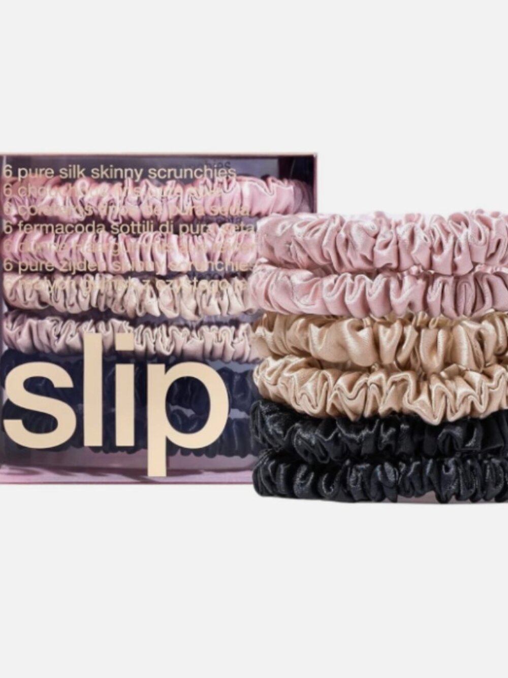 MSRP $51 | Slip Pure Silk Skinny Scrunchies – Set of 6 – Pink, Beige & Black